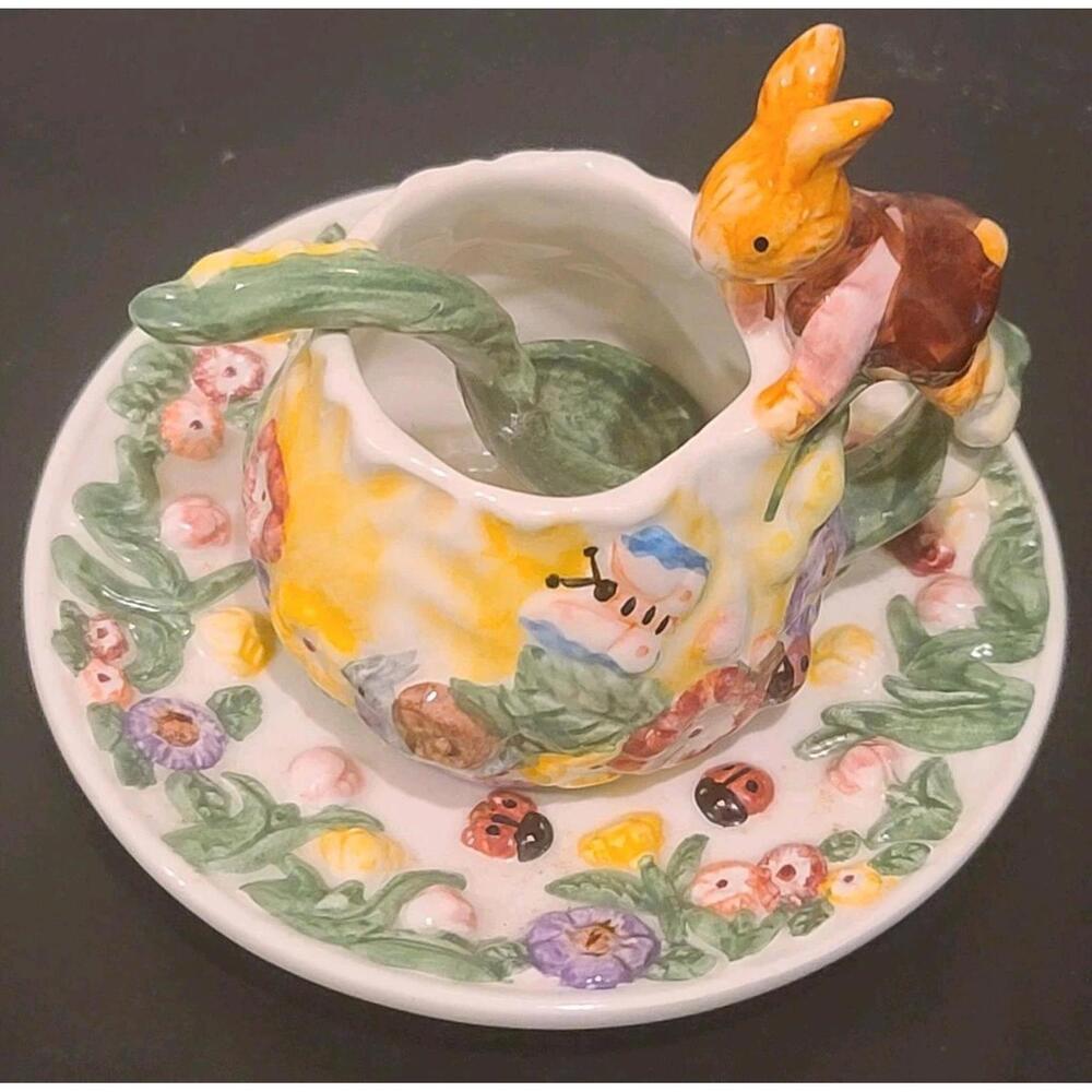 Merc Asia Vintage 1999 Ceramic Porcelain Bunny Rabbit Garden Tea Party Cup,Spoon
